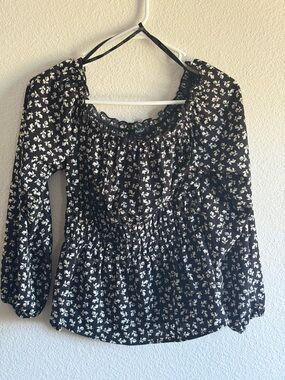 Papaya Black Floral Smocked Long Sleeve Peasant Top